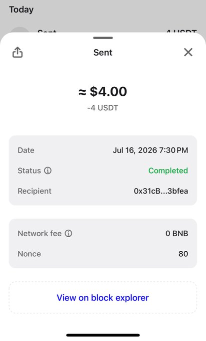 A screenshot of a completed crypto transaction confirming the successful send of approximately $4.00 (4 USDT) on July 16, 2026, with a network fee of 0 BNB, demonstrating proof of an airdrop distribution as requested.