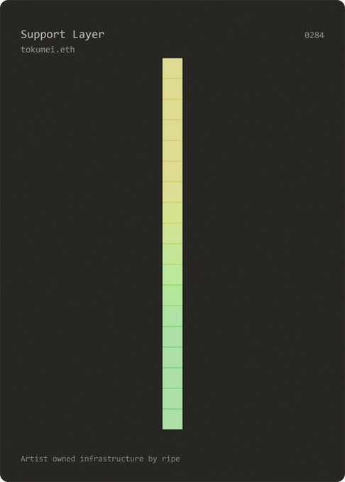 A digital card titled 'Support Layer' by tokumei.eth, numbered 0284, featuring a vertical gradient column transitioning from yellow-green at the top to darker green at the bottom on a black background, with text 'Artist owned infrastructure by ripe' at the bottom.