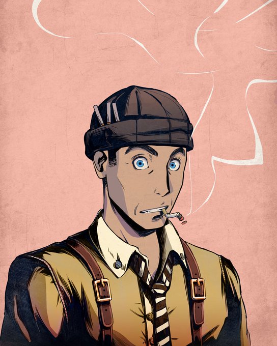 A comic book style illustration portrays a startled-looking man with wide blue eyes, wearing a brown cap and suspenders, with a cigarette hanging from his mouth against a pink background.
