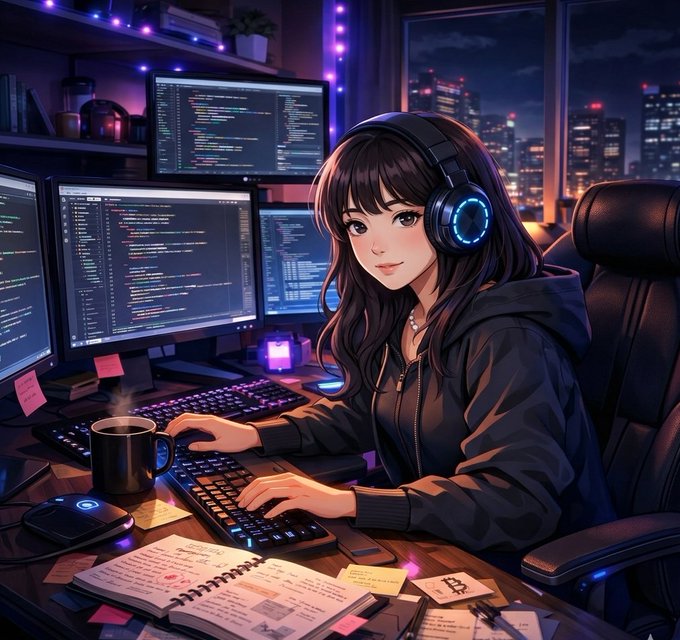 The image features a girl sitting at her desk, wearing headphones and typing on a keyboard while looking focused and determined. She has a cup of coffee next to her, suggesting she might be working late into the night or taking a break from her work. The background shows multiple computer monitors displaying code, indicating that she is engaged in programming tasks. The post also mentions "Good night, sweet family. Wrap yourselves in rest tonight. You are doing so much, and you deserve this peace. Dream beautifully and wake up refreshed." This message seems to be related to the girl's work or study habits, as it encourages her to take breaks and prioritize self-care while focusing on her tasks.