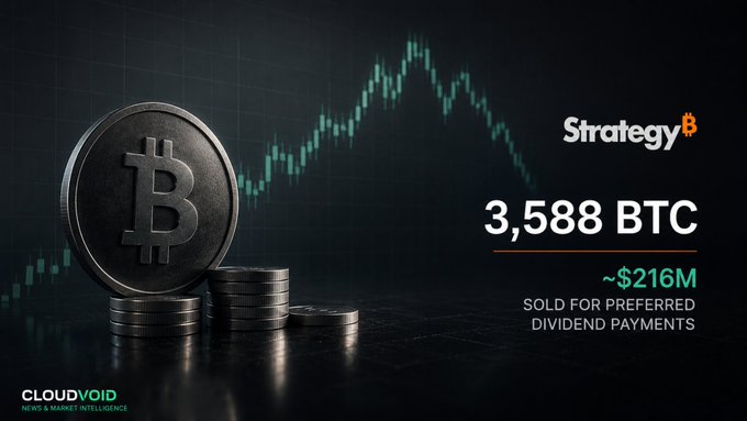 Financial news graphic from CloudVoid announcing that Strategy sold 3,588 BTC for approximately $216M to fund preferred dividend payments, displayed over a Bitcoin and candlestick chart background.