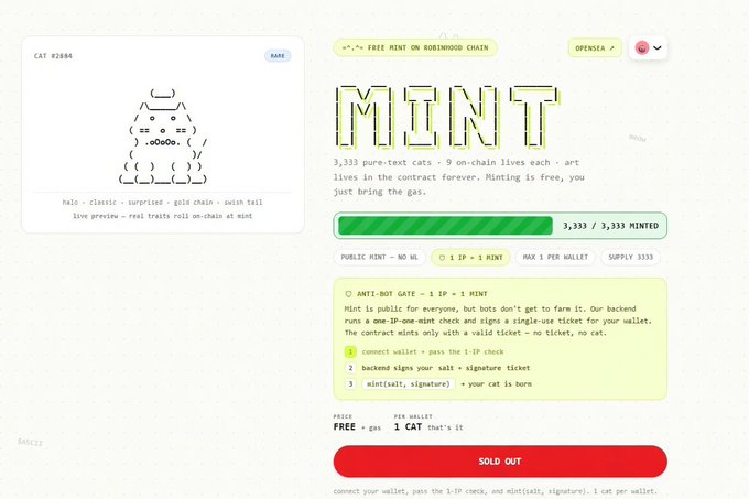 The image shows a webpage for "MINT" on the Robindood Chain, displaying 3,333 out of 3,333 NFTs minted and marked as "SOLD OUT," with details like a free public mint (1 IP = 1 MINT) and a single cat per wallet. The post mentions the user managed to mint 331 NFTs, suggesting they successfully participated in this fully sold-out minting event before it completed.