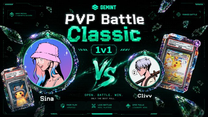 A neon-styled promotional banner for 'GEMINT PvP Battle Classic 1v1' featuring a matcha-themed character named 'Sina' with a Pokéball-detector Pikachu card versus a cello-playing character named 'Clivv' with a Pikachu V card, with footer text 'OPEN. BATTLE. WIN. ONLY THE BEST PULL.'