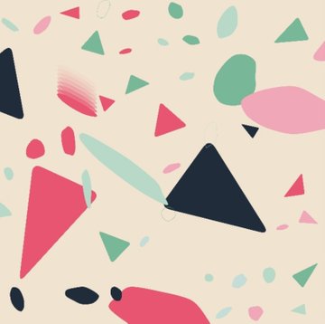 An abstract pattern of colorful geometric shapes, including triangles and pebbles in pink, green, and navy on a cream background.