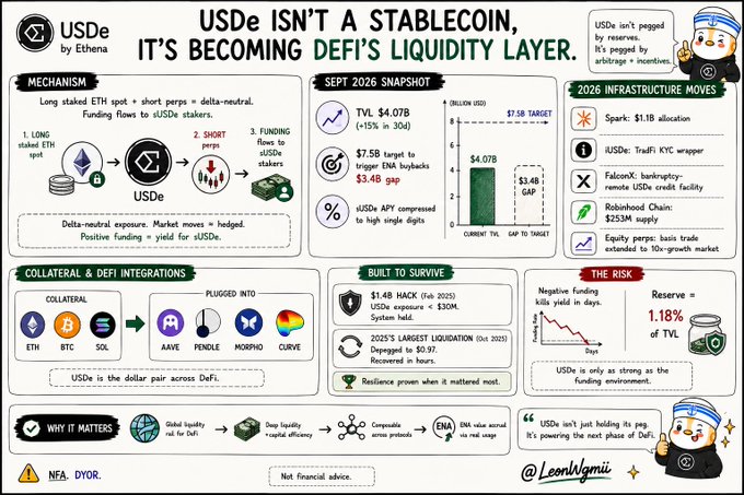 An infographic titled "USDe ISN'T A STABLECOIN, IT'S BECOMING DEFI'S LIQUIDITY LAYER" by Ethena explains the mechanism, September 2026 snapshot showing TVL of $4.07B and a $7.5B target, collateral integrations with AAVE, Pendle, Morpho, and Curve, built-to-survive features, and risks.
