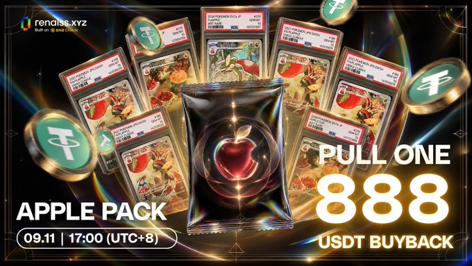 An advertisement for 'Apple Pack' featuring trading cards, an apple illustration, and the text 'PULL ONE 888 USDT BUYBACK' with the date '09.11 | 17:00 (UTC+8)' from renais.xyz.