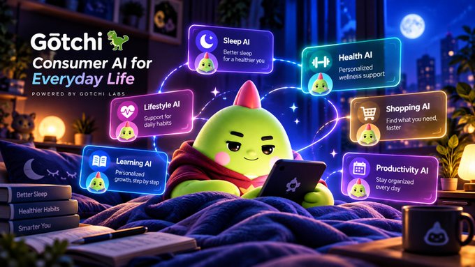 A promotional graphic for 'Gōtchi Consumer AI for Everyday Life' featuring a green bird-like character using a tablet, surrounded by six AI features: Sleep AI, Health AI, Lifestyle AI, Shopping AI, Learning AI, and Productivity AI.