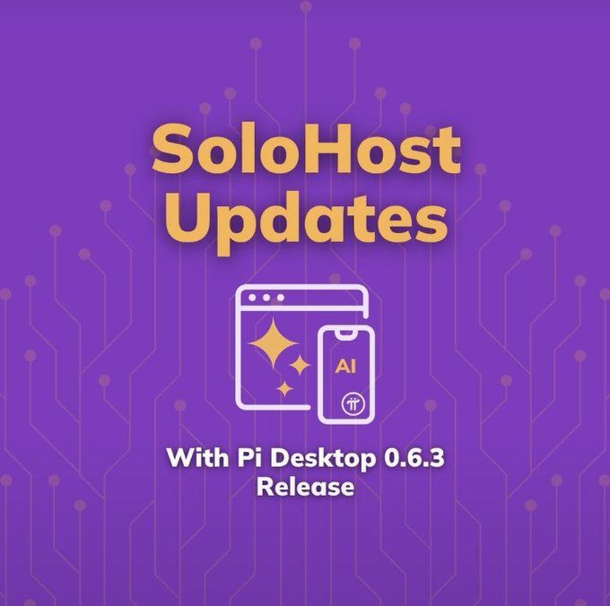 A purple digital graphic with circuit-like patterns advertising 'SoloHost Updates With Pi Desktop 0.6.3 Release', featuring icons of a browser window with sparkles and a mobile phone with an 'AI' symbol.
