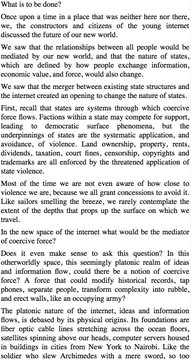 The image is a dark screenshot of an essay or article with white text beginning with 'What is to be done?' discussing themes of internet history, state structures, facts, land ownership, freedom of information, and gentrification, with headings like 'In the new space of the internet what would be the mediator of coercive force?' and 'The plutonic nature of the internet.'