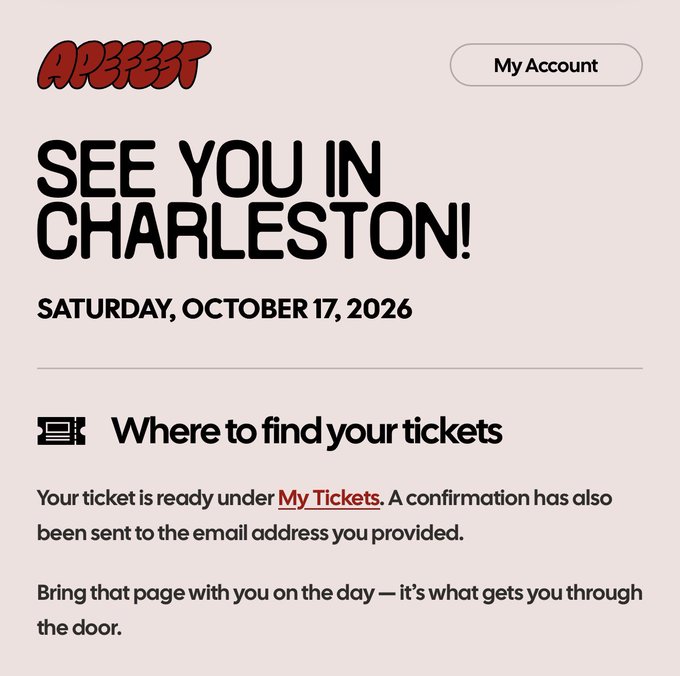 Another version of the APEFEST event confirmation page titled 'SEE YOU IN CHARLESTON!' for Saturday, October 17, 2026, featuring the red APEFEST logo and a 'My Account' button.