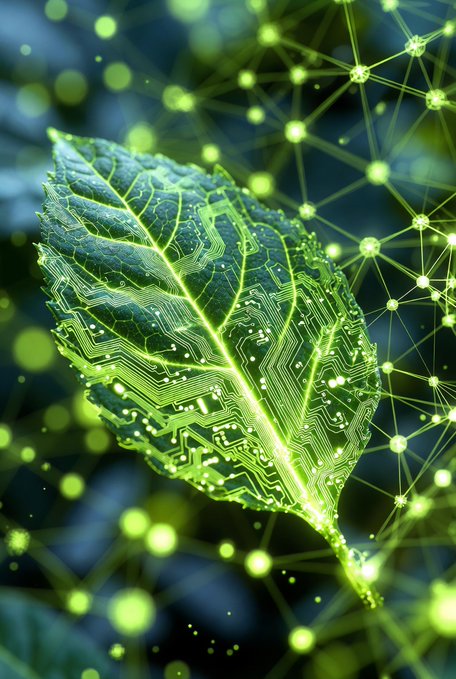 The image features a green leaf with a circuit board design, which appears to be made of tiny lines or dots instead of traditional leaves. The leaf has a unique pattern that resembles a circuit board, giving it an interesting and futuristic appearance. The background is dark blue, providing a contrast to the vibrant green color of the leaf and the circuit board. The image also contains text that reads "Traditional Proof of Work wastes massive energy on useless calculations. @quipnetwork introduces Proof of Useful Work. Securing the chain while solving valuable real-world problems. Up to 300x more energy efficient and actually productive. This is the sustainable blockchain the".