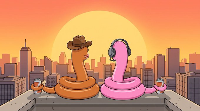 A cartoon illustration shows two snakes, one orange wearing a cowboy hat and the other pink wearing a headset, sitting together on a rooftop holding beer cans with a city skyline at sunset behind them.