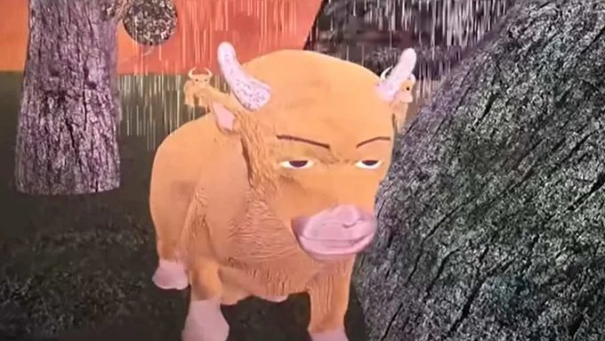 A CGI-rendered light brown bull with small horns and half-closed eyes stands between two tree trunks, with a textured orange-pink wall in the background. The image ties to the post about the iconic "bull" meme on Binance Smart Chain, capturing the stoic, deadpan expression that made it a viral sensation.