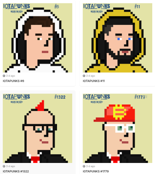 A grid of four TOTAPUNKS pixel-art NFT avatars (#6, #11, #1322, #1779) displayed on a pale yellow background.