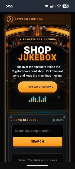 A mobile screenshot of CryptoCloaks.com showing a 'Shop Jukebox' feature powered by Lightning, costing 500 sats per song, with a song selector and search bar.