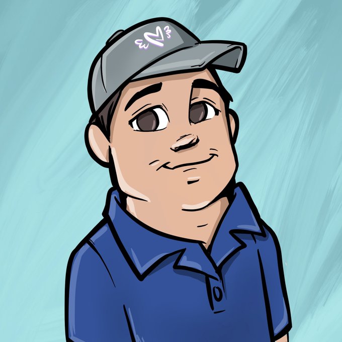 A digital cartoon illustration of a smiling man wearing a gray baseball cap with a heart logo and a blue polo shirt against a light blue background.