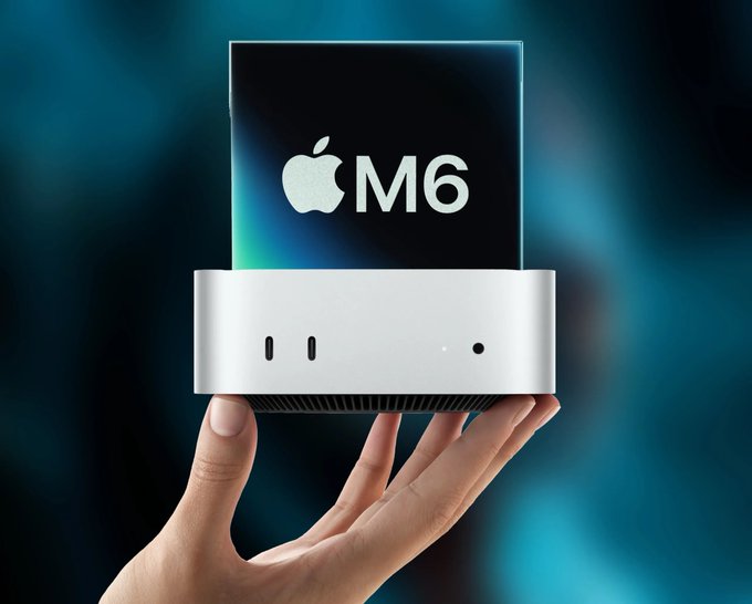 A conceptual rendering of an Apple M6 chip being held by a hand, with the logo glowing against a dark blue background.