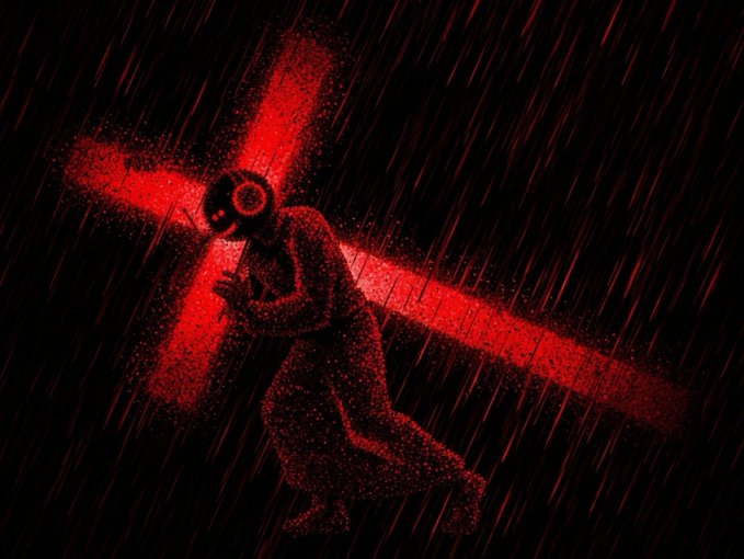 A dark, stylized image depicts a hooded figure formed from red particles running in front of a glowing red cross in heavy rain.