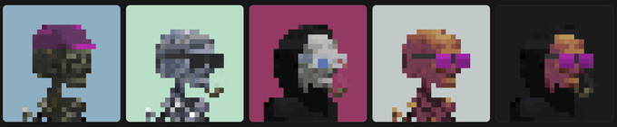 Pixel art character variants showing a zombie-like figure in five different color schemes and styles.
