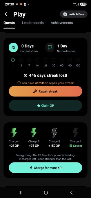 A mobile app screen titled 'Play' shows a streak counter at '0 Days' with a warning '446 days streak lost!' offering options to 'Repair streak' or 'Claim XP', along with XP charging tiers.
