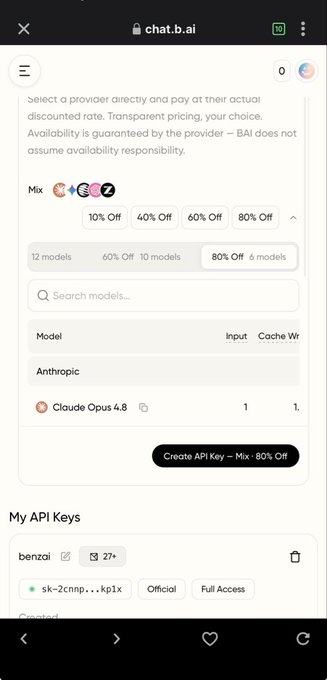 The image shows the chat.b.ai API settings page highlighting a "Mix" provider option with discounts up to 80% off, displaying 6 models including Claude Opus 4.8 at a fraction of the official pricing. It visually demonstrates the Custom Provider Mode mentioned in the post, showing how users can access premium models at significantly reduced rates compared to official pricing.