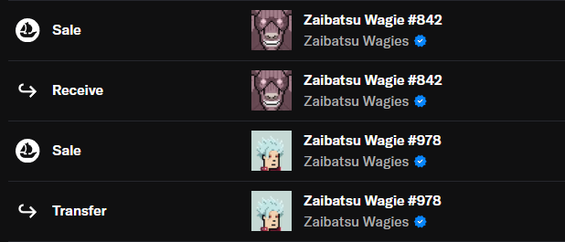 A transaction history screen displays sale, receive, and transfer activity for two NFTs titled "Zaibatsu Wagie #842" and "Zaibatsu Wagie #978" from the Zaibatsu Wagies collection.