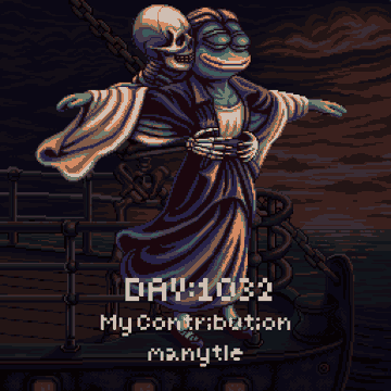 The image features a cartoon illustration of a skeleton holding a woman's hand, with the text "Day #1082: Pepe's Last Voyage Yesterday" above them. The background shows an ocean scene with a ship visible. The post also mentions that someone contributed to the artwork and provides the link to the original post on social media.