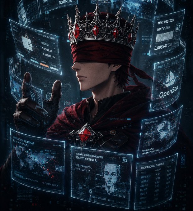 The image features a man wearing a crown, holding up his hand with a finger pointing towards a computer screen filled with various data screens. The background of the image is dark blue, which contrasts with the white text displayed on the screens. The caption above the image reads "Good night fam The market feels quiet right now but a lot of real building is still happening behind the scenes Some teams are focused on making crypto easier and more practical instead of chasing short term hype @quipnetwork is building infrastructure to make onchain".