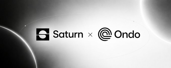 A black and white promotional graphic showing a partnership announcement between Saturn and Ondo, featuring their respective logos.