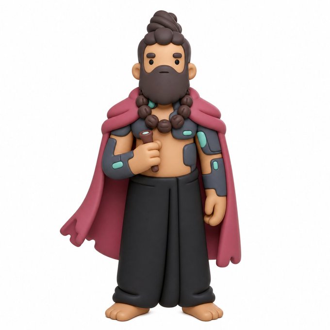 A 3D cartoon-style character depiction of a bearded man with a top knot, wearing a red cape and holding a beaded necklace, rendered in a stylized art style.
