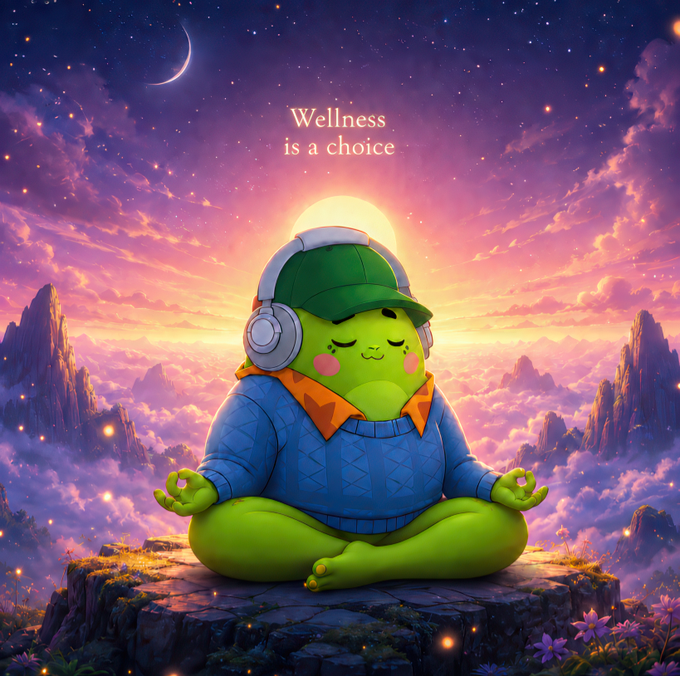 The image features a cartoon frog wearing headphones, sitting cross-legged on a rock or ledge. The background of the image depicts a sky filled with clouds and stars, creating an atmosphere reminiscent of outer space. Above this scene, there are two crescent moons floating in the sky. The caption above the image reads: "Wellness is a choice".