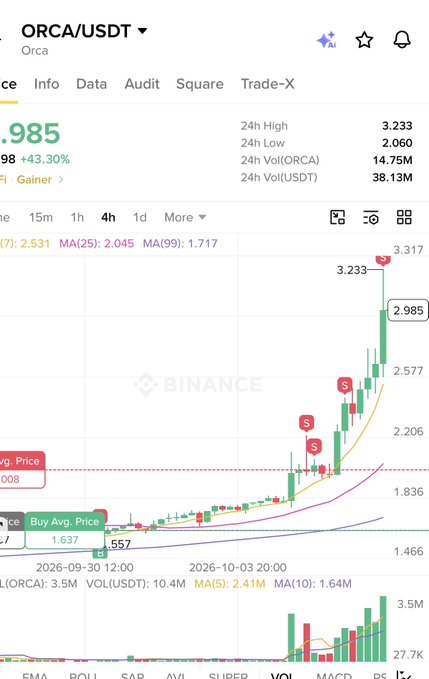 A cryptocurrency price tracker for ORCA/USDT shows a sharp price spike up to 3.317, a 24-hour high with significant green gain.