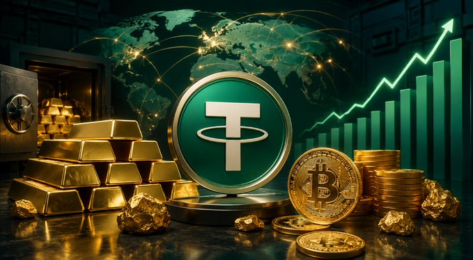 The image displays a Tether (USDT) coin prominently in the center, flanked by gold bars and nuggets on the left and Bitcoin coins on the right, with a world map and an upward-trending green bar chart in the background, visually representing Tether's growing gold reserves and expanding crypto market presence as noted in the accompanying post.