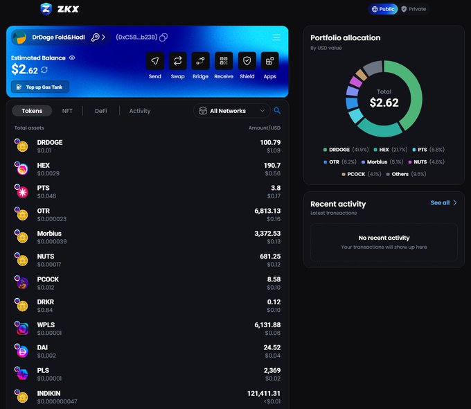 A ZKX crypto wallet dashboard showing a balance of $2.62 with portfolio allocation including tokens like DRDOGE, HEX, PTS, OTR, and Morbius.