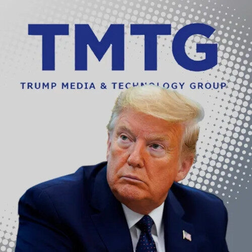 The image displays the TMTG (Trump Media & Technology Group) logo and a portrait of Donald Trump, illustrating the company's withdrawal from the cryptocurrency sector as detailed in the accompanying news.