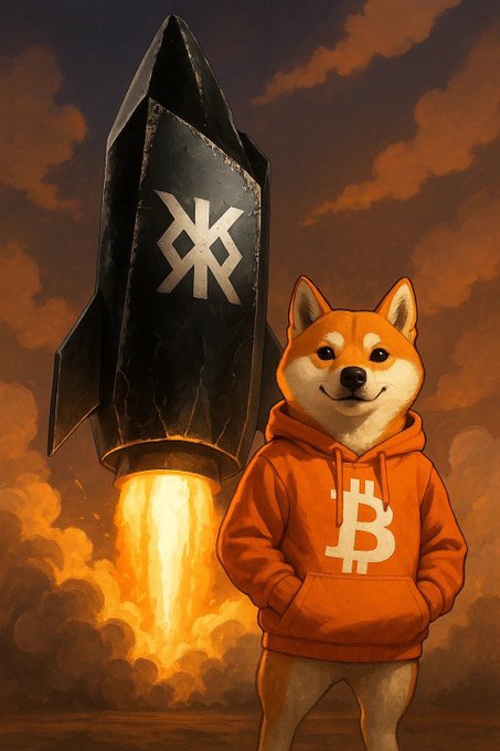Digital illustration of a Shiba Inu dog wearing an orange Bitcoin hoodie standing next to a rocket with a Bitcoin symbol on it launching with flames.