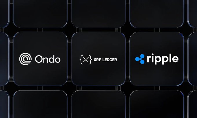 The image displays the logos of Ondo, XRP Ledger, and Ripple on dark square tiles, visually representing their partnership in bringing trillions of dollars in tokenized equities to the XRP Ledger, as highlighted in the accompanying post.