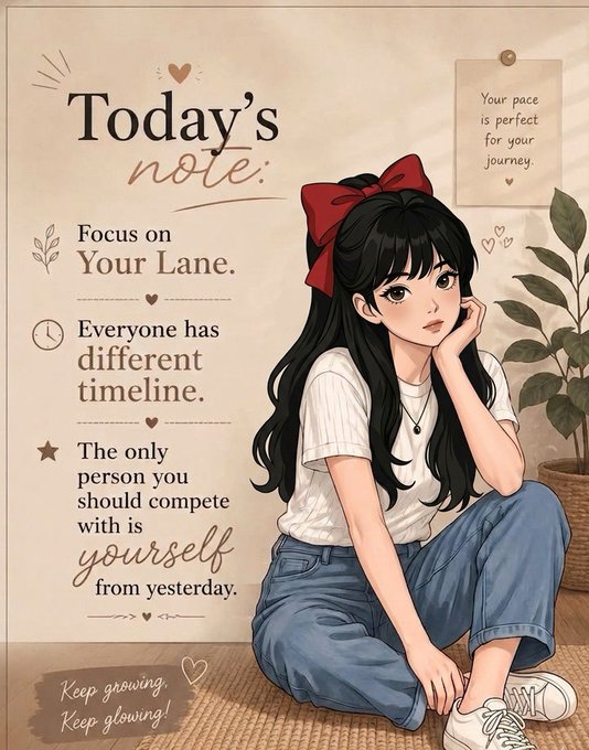 The image features an illustration of a young girl with long hair, wearing a white shirt and blue jeans. She has her hands placed on her knees while sitting on the floor. The background includes text that reads "Today's note", which seems to be a reminder or message related to the day. There is also a caption below the image that says "Good morning my family! Remember that your journey is unique, and your pace is perfect. Keep showing up for yourself every single day. Can I get a GM back?". The girl in the illustration appears to be wearing a bow on her head, adding a touch of whimsy to the scene.