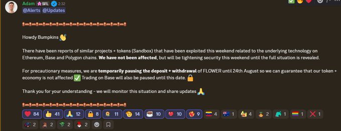 A Discord message from 'Adam ☆ SFL' announcing that Flowerfox and SandBox projects were exploited on Ethereum, Base, and Polygon chains, temporarily pausing deposits.