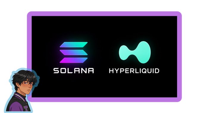 A graphic showing the Solana and Hyperliquid logos side by side on a black background, with an anime-style character illustration in the bottom left corner.