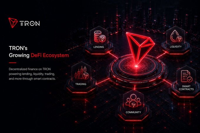 A promotional graphic for TRON highlights 'TRON's Growing DeFi Ecosystem' with hexagonal icons showing Lending, Liquidity, Trading, Smart Contracts, and Community services.