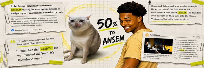 The image highlights the $CASHCAT meme coin, noting that CashCat was the original codename for Robinhood, and features a cat alongside a man (ansem) with bold text announcing "50% TO ANSEM," referencing the post's claim that 50% of the token's supply was sent to ansem's wallet.
