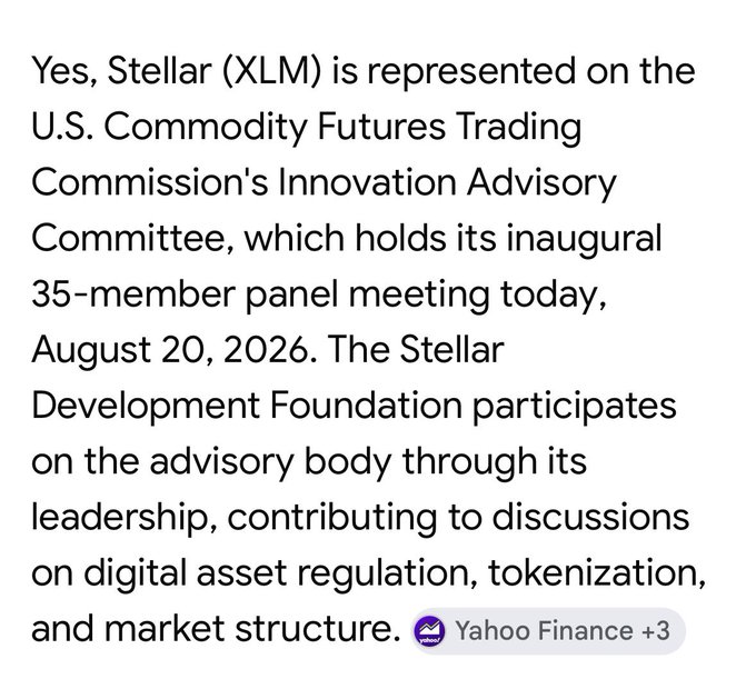 A text snippet stating that Stellar (XLM) is represented on the U.S. Commodity Futures Trading Commission's Innovation Advisory Committee at its inaugural 35-member panel meeting on August 20, 2026.