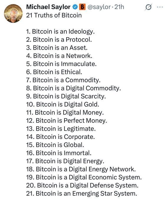 A screenshot of a tweet from Michael Saylor (@saylor) titled '21 Truths of Bitcoin,' listing 21 philosophical statements about Bitcoin being an ideology, protocol, asset, network, and more.