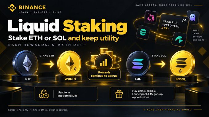 A Binance promotional graphic illustrates their Liquid Staking feature, showing ETH being converted into WBETH and SOL into BNSOL, with the headline "Liquid Staking — Stake ETH or SOL and keep utility" and a note that "Rewards continue to accrue." The graphic visually reinforces the post's explanation of liquid staking, where staked assets remain usable in supported DeFi applications while still earning network rewards, including potential eligibility for Launchpool and Megadrop opportunities.