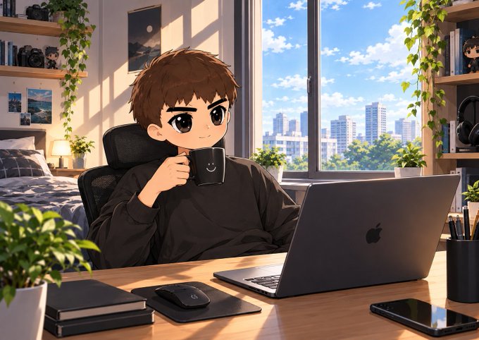 An anime-style character sips coffee while working on an Apple laptop in a cozy, plant-filled home office with a bright city view. The setup reflects the post's motivational message of fresh focus, consistency, and daily building toward shared success.