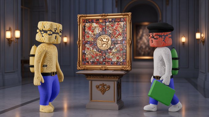 Two figures with sponge-textured heads and berets stand in an ornate gallery admiring a framed tapestry-like artwork displayed on a pedestal.