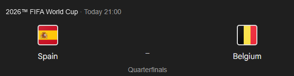 The image shows the matchup between Spain and Belgium in the Quarterfinals of the 2026 FIFA World Cup, which relates to the post by indicating the teams involved in the prediction contest.