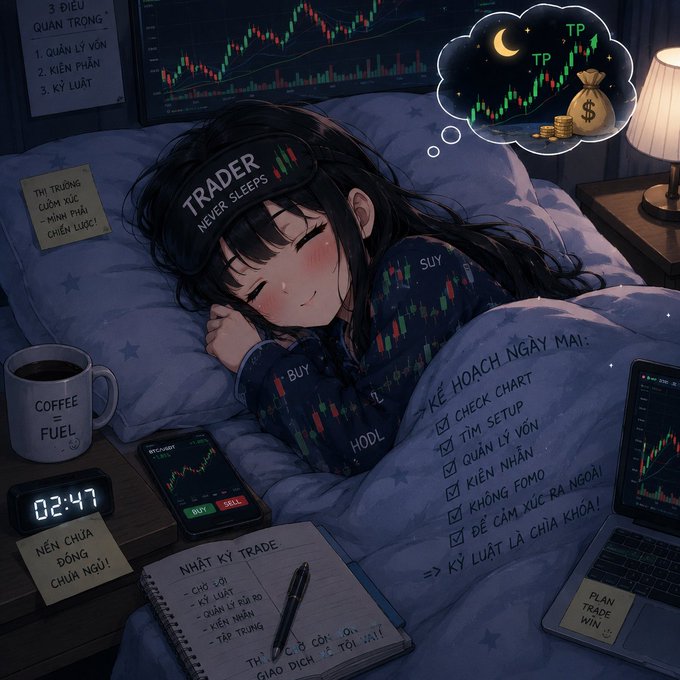 A cute anime-style trader girl sleeps peacefully in a "TRADER NEVER SLEEPS" eye mask, dreaming of profit (TP) under a moonlit chart, surrounded by her "COFFEE FUEL" mug, a 02:47 alarm clock, and notes reading "KẾ HOẠCH NGÀY MAI" with trading checklists like "Check chart," "Tìm setup," and "Quản lý vốn." The scene perfectly illustrates the meme's joke about traders losing sleep not over love, but over charts and price action.