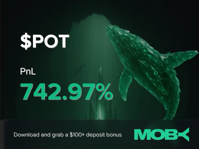 Promotional graphic for $POT token on MOBK exchange displaying a PnL of 742.97% with an offer to download and grab a $100+ deposit bonus.